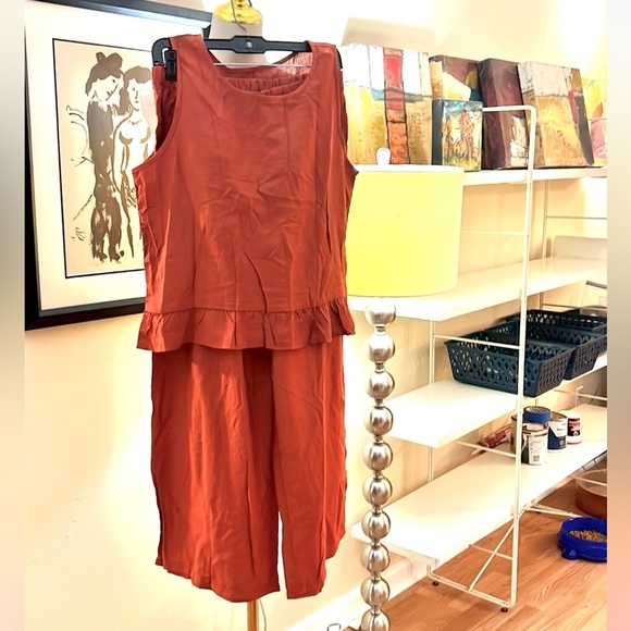 Luneh Casual Set RoundNeck Ruffle Hem Tank-Top,High-Waist,Wide-Leg Pant,Size Lg - Picture 5 of 11